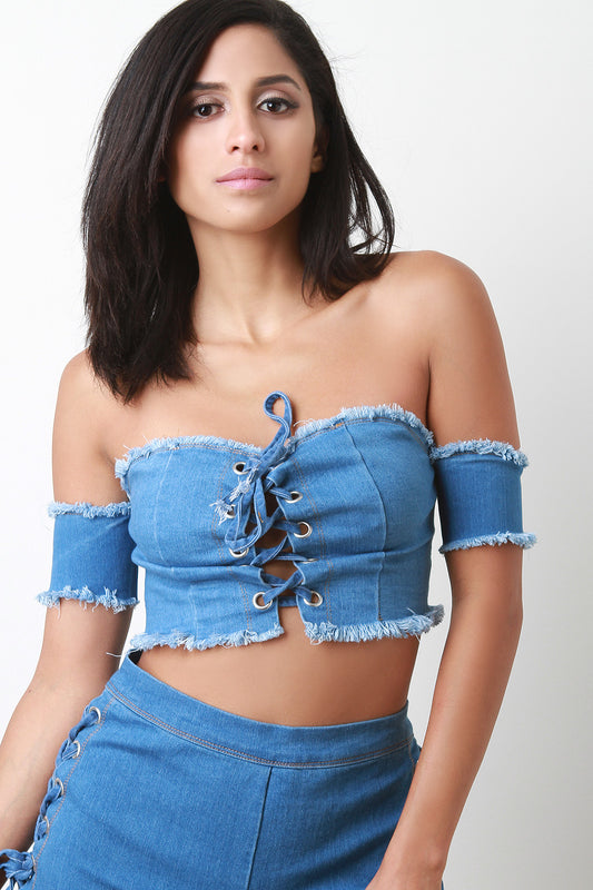 Frayed Denim Lace Up Bardot Crop Top