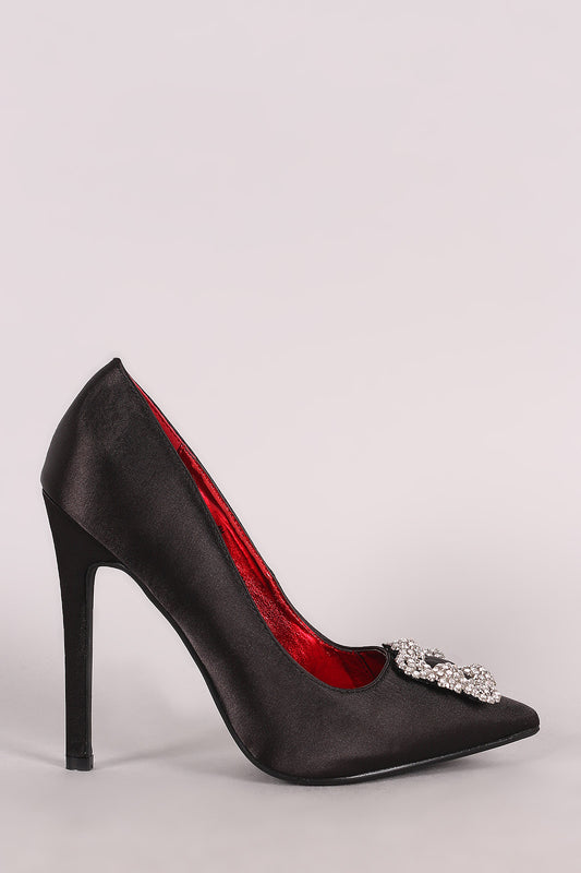 Rhinestone Hardware Accent Satin Pointy Toe Pump