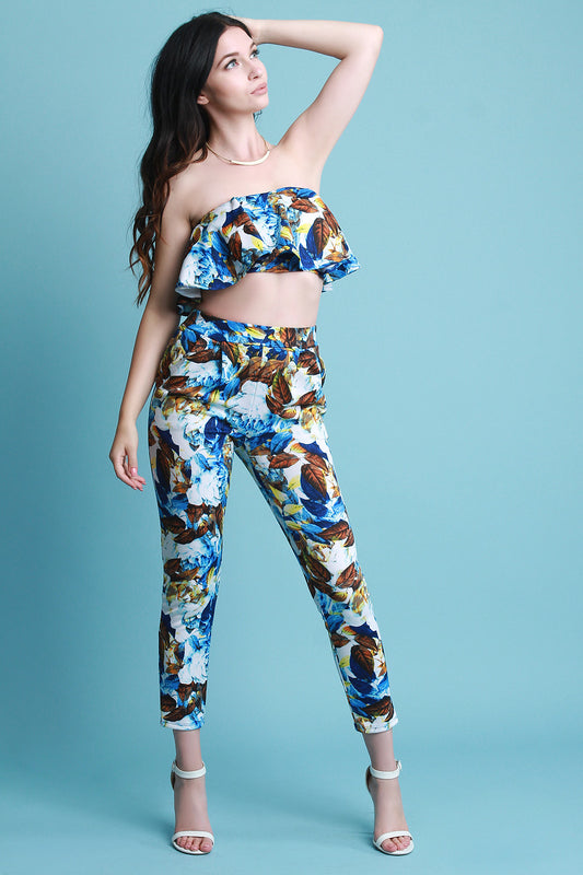 Floral Flutter Bardot Crop Top With High Waisted Pants Set