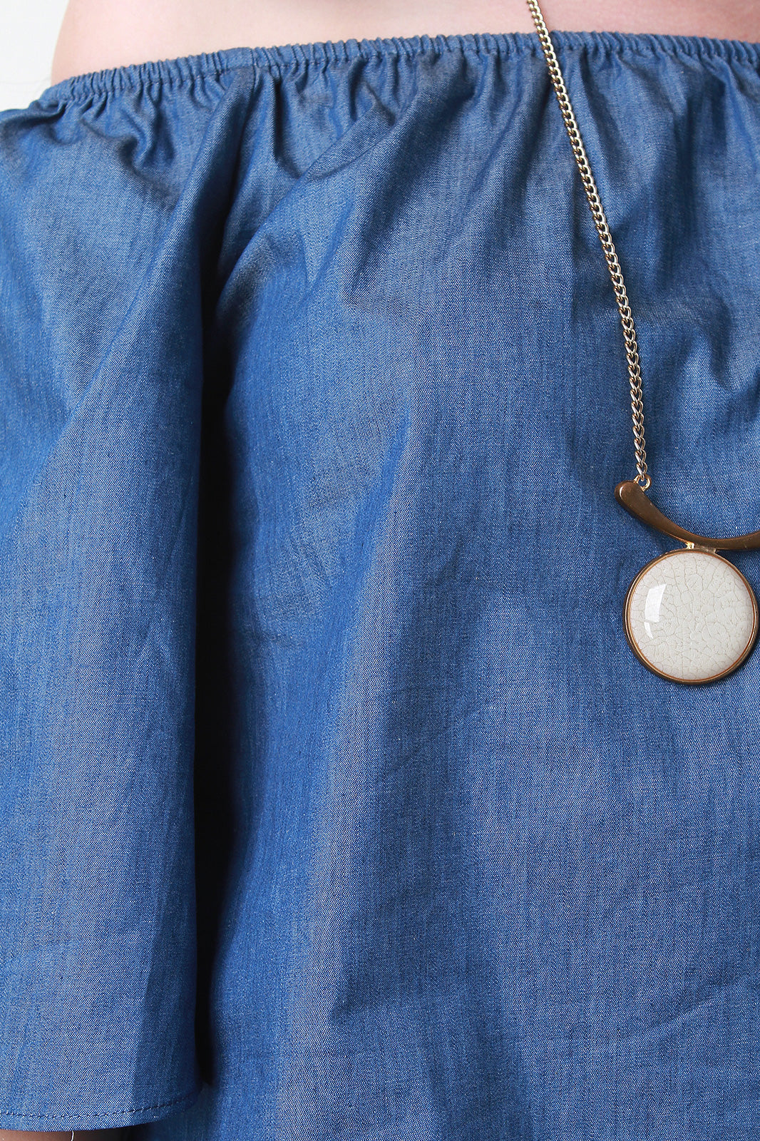 Chambray Off The Shoulder Wide Statement Sleeve Top