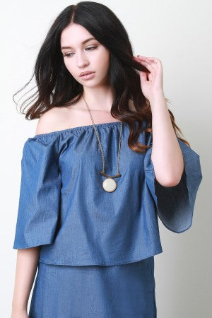 Chambray Off The Shoulder Wide Statement Sleeve Top