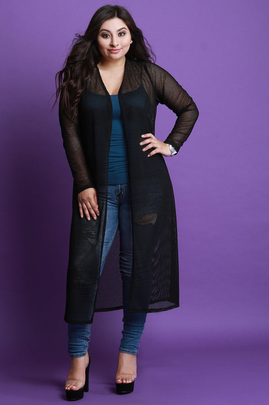 Semi-Sheer Fishnet Maxi Cardigan
