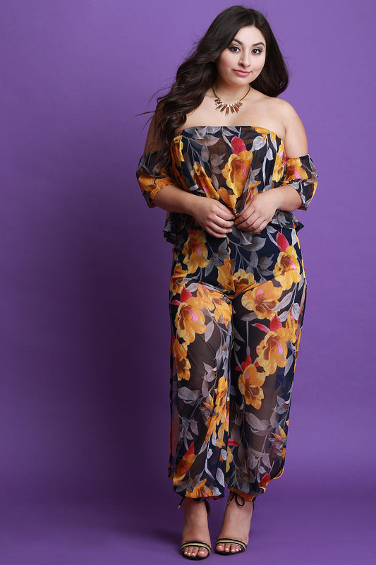 Floral Mesh Ruffled Bardot Top and Slit Pants Set