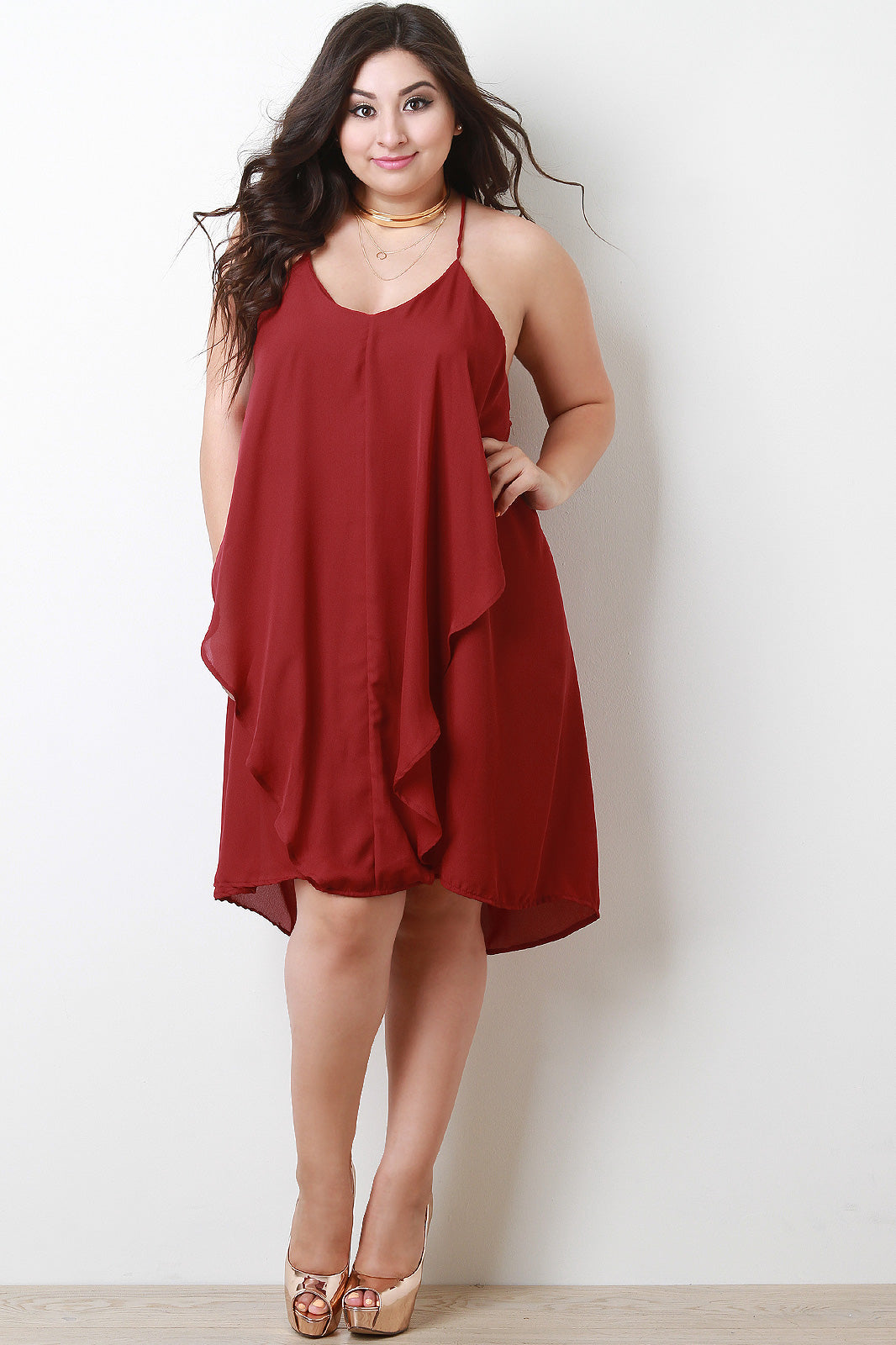 Cascade Ruffle Sleeveless Chiffon Midi Dress