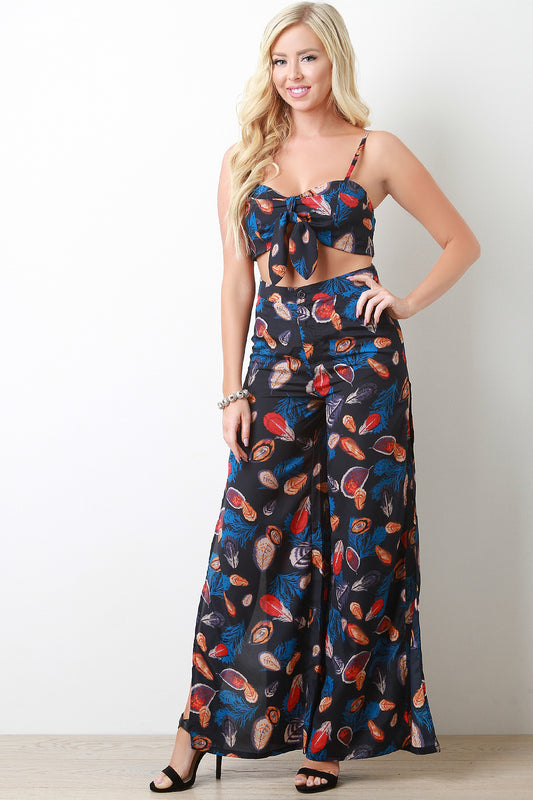 Feather Print Crop Top With Open Side Palazzo Pants Set