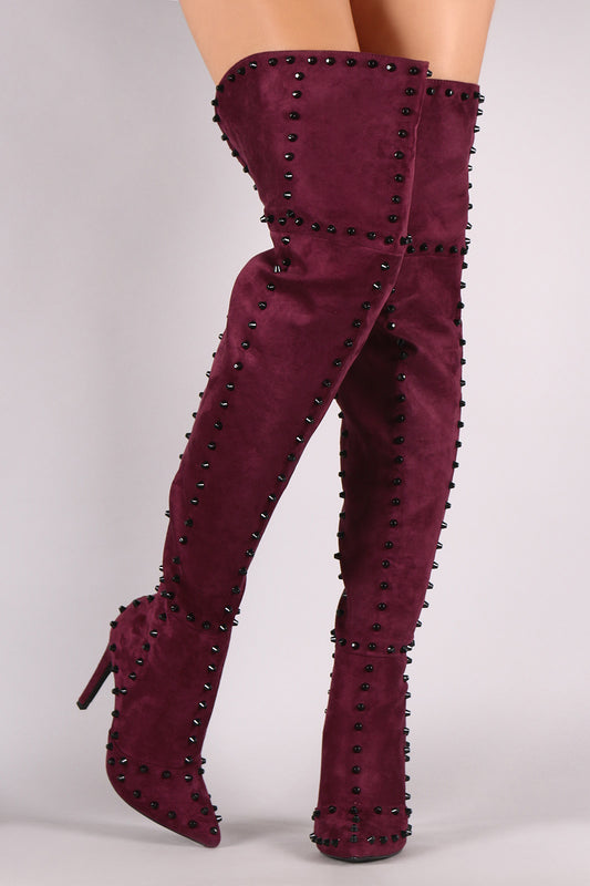 Suede Studded Pointy Toe Stiletto Over-The-Knee Boots