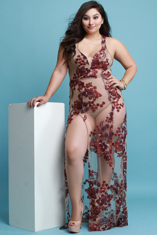 Floral Embroidered Mesh Bodysuit Maxi Dress