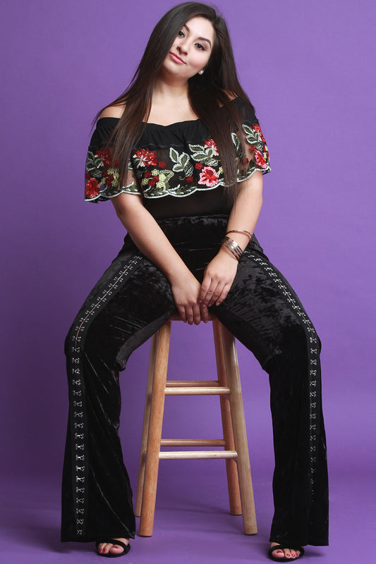 Embroidered Scallop Tier Bardot Mesh Bodysuit