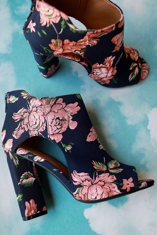 Qupid Floral Fabric Cutout Peep Toe Chunky Heel Booties