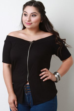 O-Ring Zip Up Ribbed Knit Bardot Top