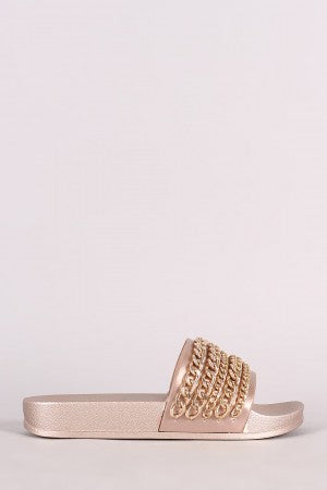 Chain Embellished Open Toe Slide Sandal