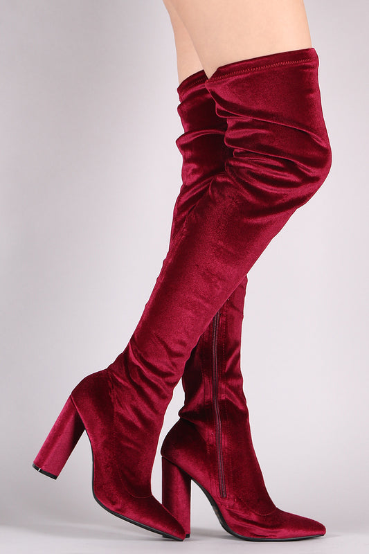 Qupid Velvet Pointy Toe Chunky Heeled Over-The-Knee Boots