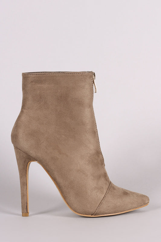 Front Zip Up Suede Pointy Toe Stiletto Booties