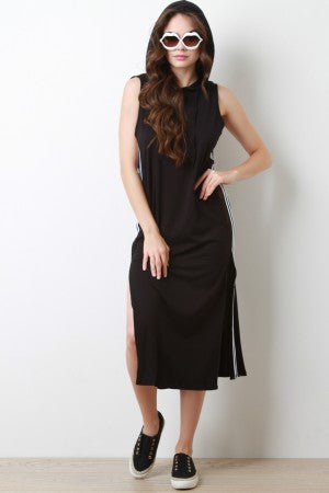 Jersey Knit Side Fishnet Striped Hooded Midi Dress