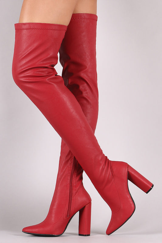 Qupid Pointy Toe Chunky Heeled Over-The-Knee Boots