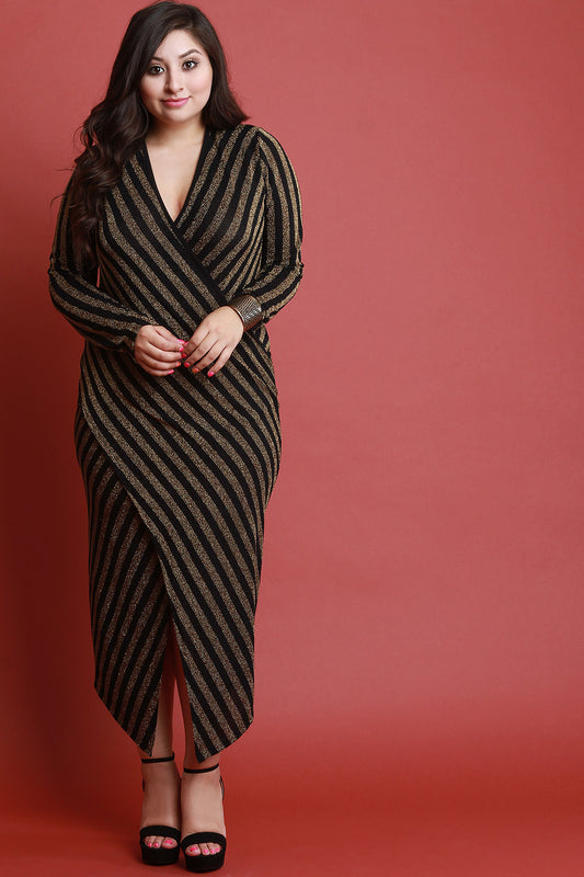 Foil Metallic Surplice V Neck Long Sleeves Wrapped Dress