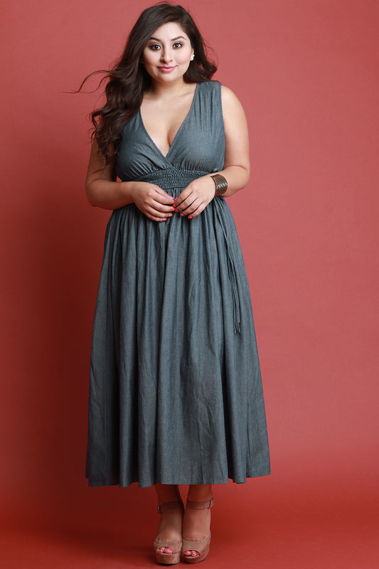 V Neck Smock Empire Waist Sleeveless Chambray Maxi Dress