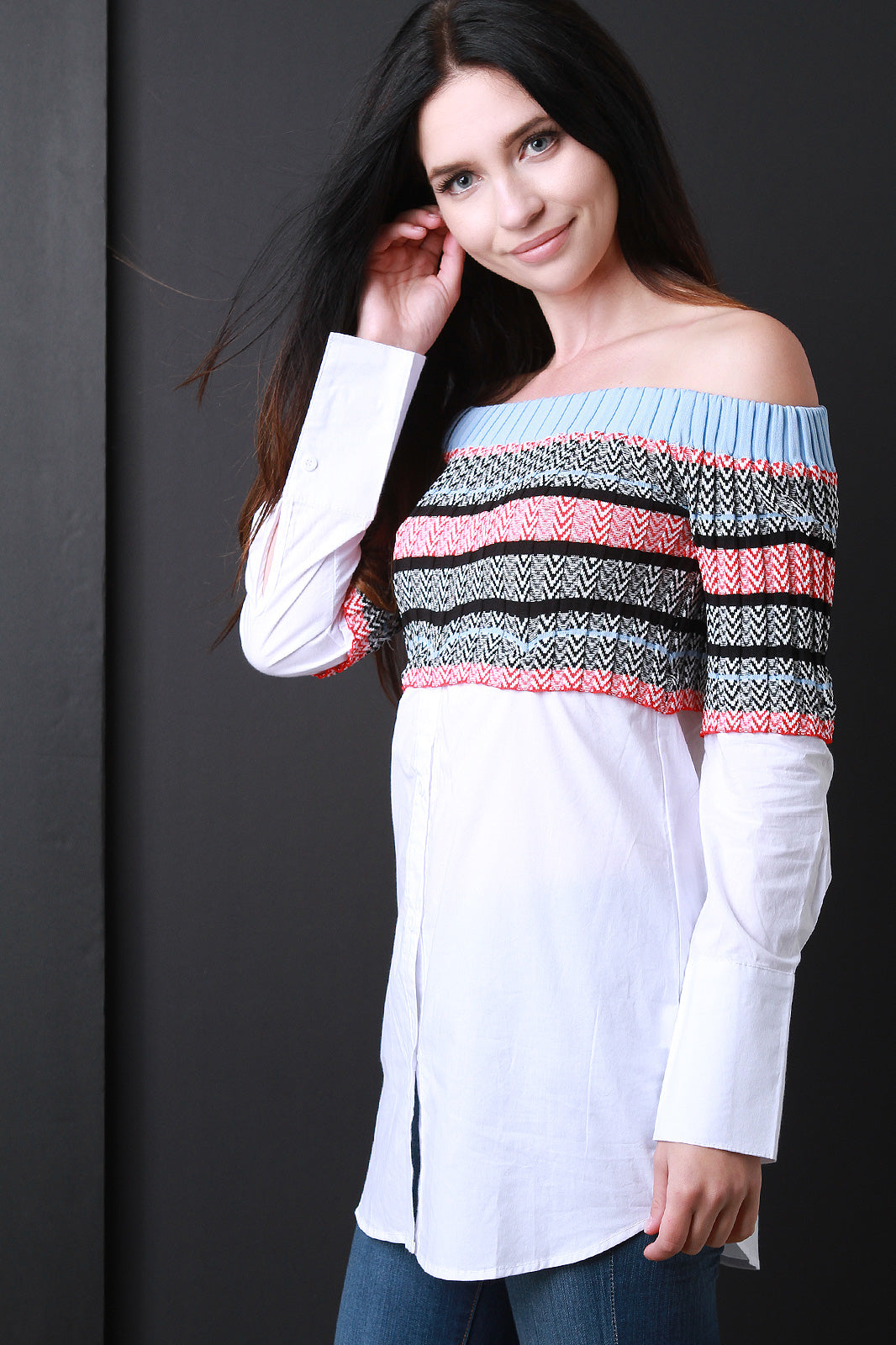 Chevron Knit Crop and Button Up Twofer Top