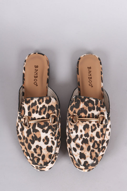 Bamboo Suede Leopard Horsebit Slip On Mule Flat