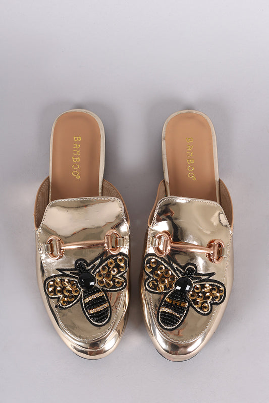 Bamboo Metallic Horsebit Bee Accent Slip On Mule Flat
