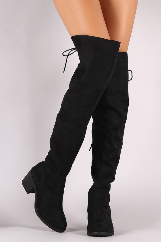 Bamboo Suede Back Lace Up Chunky Heeled Over-The-Knee Boots