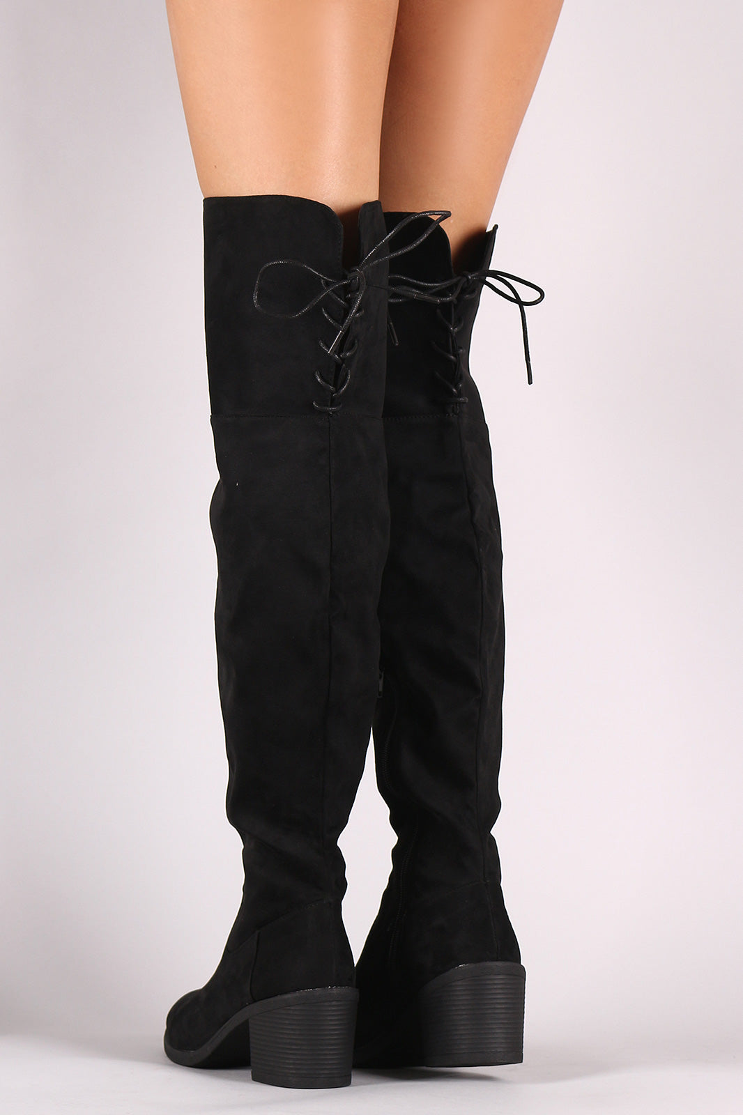 Bamboo Suede Back Lace Up Chunky Heeled Over-The-Knee Boots