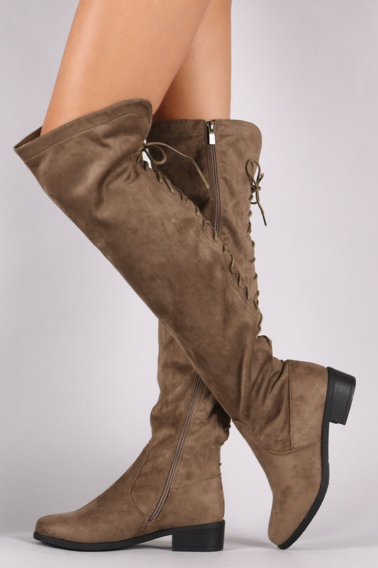 Suede Back Lace-Up Over-The-Knee Riding Boots