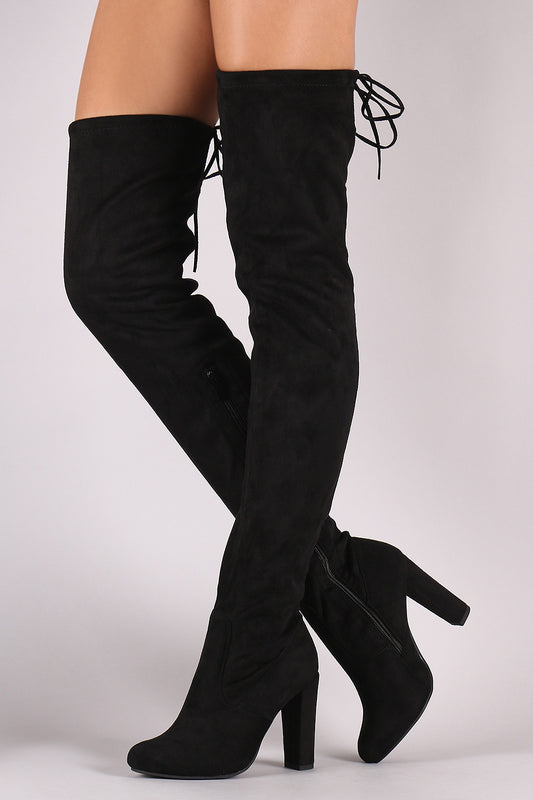 Suede Drawstring Tie Chunky Heeled Over-The-Knee Boots