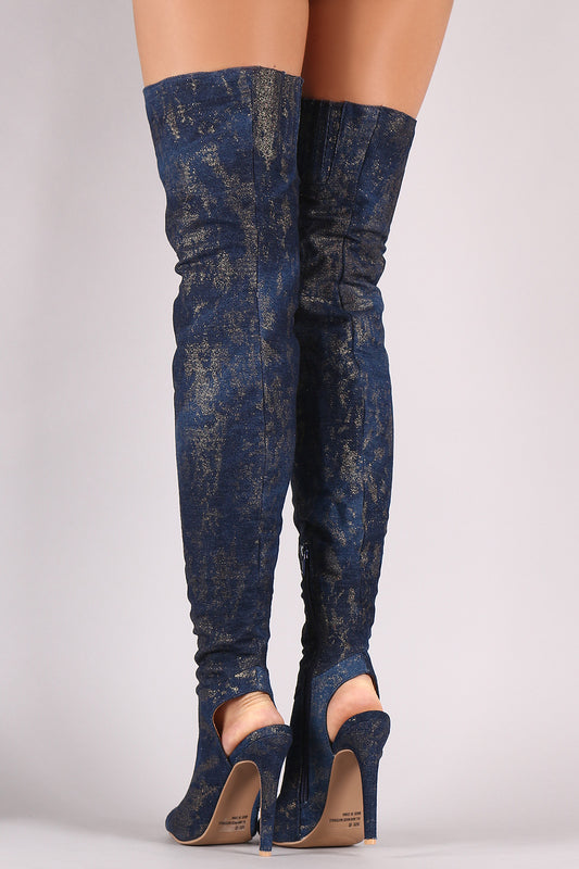 Qupid Metallic Splashed Denim Stiletto Over-The-Knee Boots