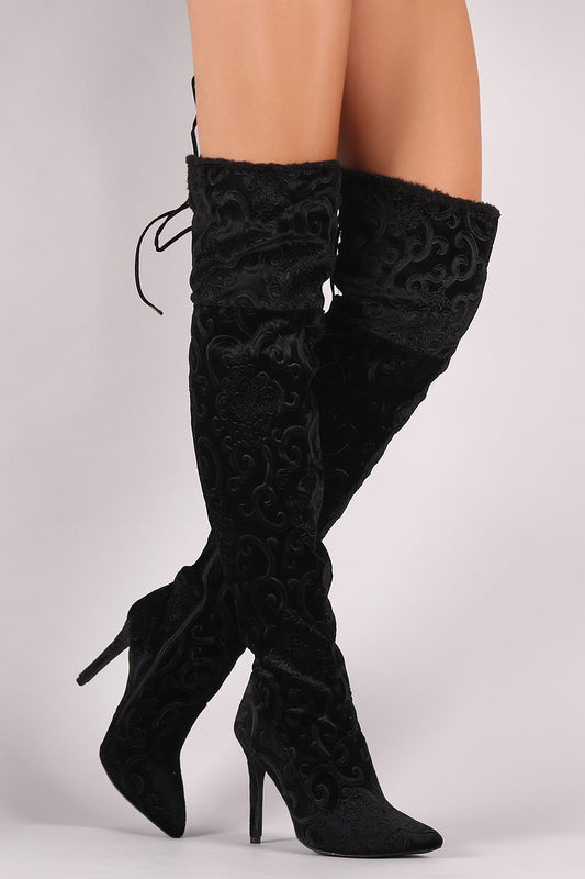 Qupid Burnout Velvet Fur Cuff Stiletto Over-The-Knee Boots