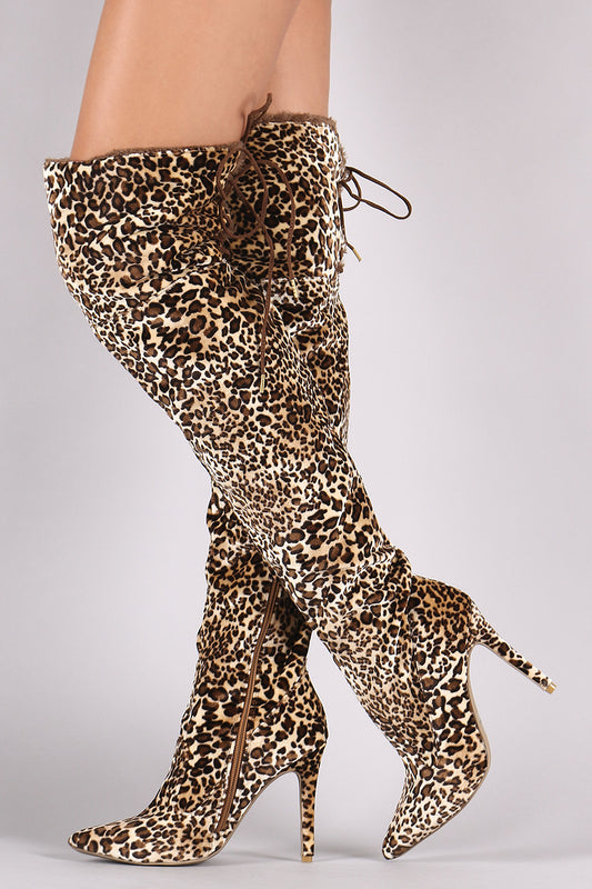 Qupid Leopard Velvet Fur Cuff Stiletto Over-The-Knee Boots