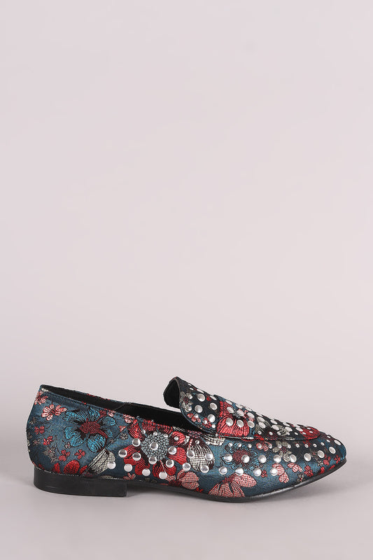 Qupid Studded Floral Brocade Slip-On Loafers
