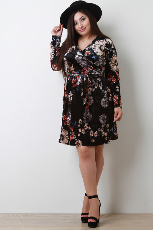 Floral Velvet Surplice Waist Sash Midi Dress