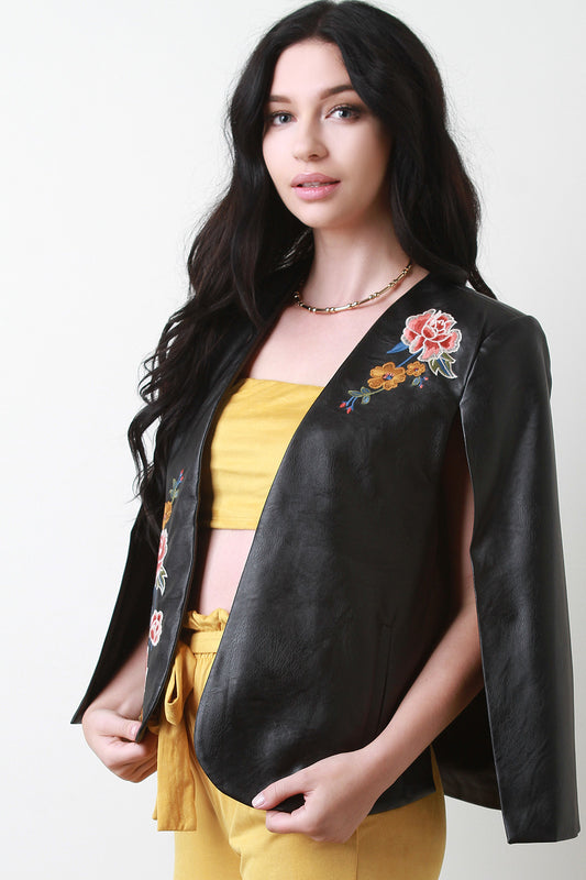 Vegan Leather Embroidered Cape Blazer