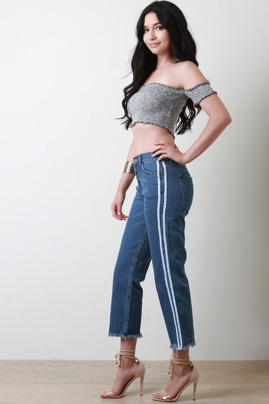 Sporty Stripe Frayed Hem Boyfriend Crop Jeans