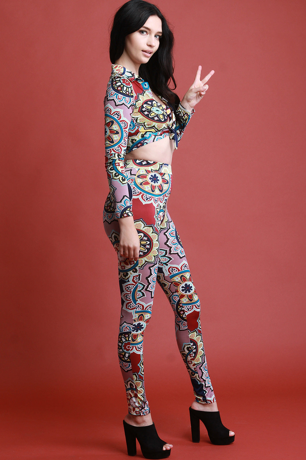 Bohemian Printed Crop Top With High Waisted Pants Set