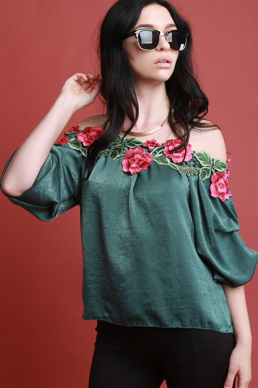 Floral Applique Satin Statement Sleeve Top