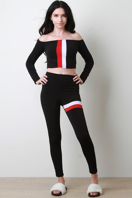 Colorblock Off Shoulder Crop Top With Leggings Set
