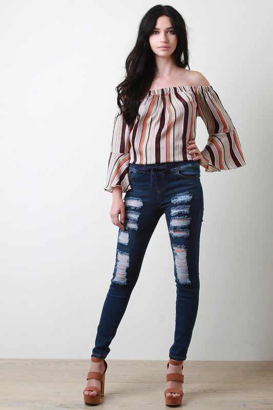 Stretchy Distressed Drawstring Skinny Jeans