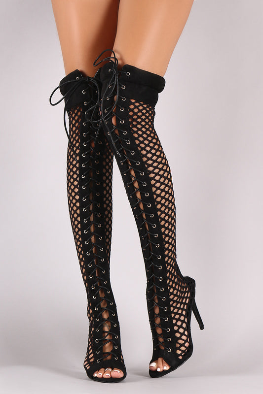 Suede Fishnet Lace Up Stiletto Heeled Over-The-Knee Boots