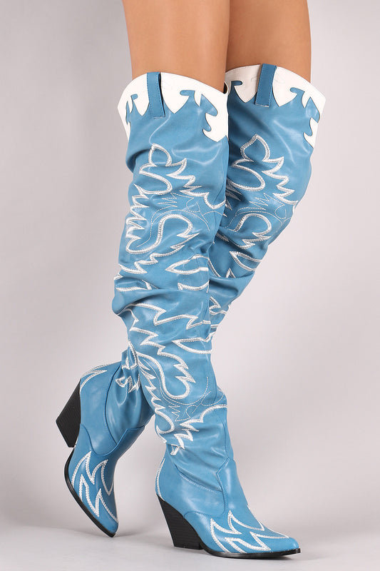 Western Stitchwork Pointy Toe Slouchy Over-The-Knee Boots