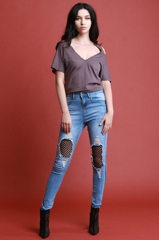 Distressed Fishnet Panel High Waist Skinny Jeans