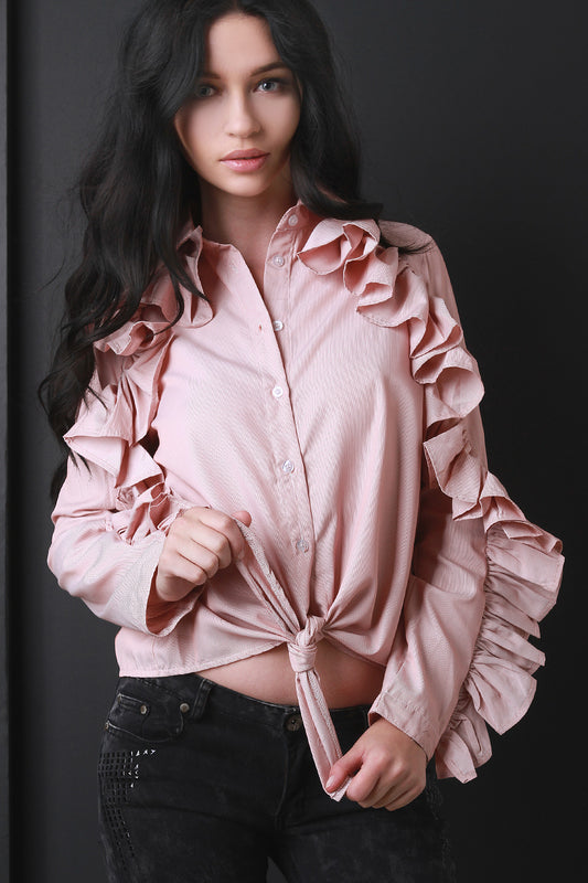 Pinstriped Ruffle Raglan Seam Statement Sleeve Shirt