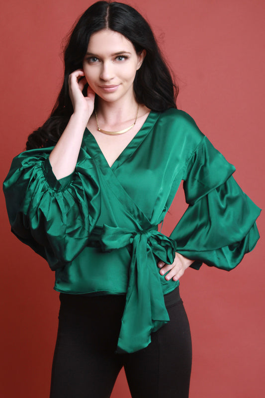 Satin Waist Wrap Balloon Statement Sleeves Blouse