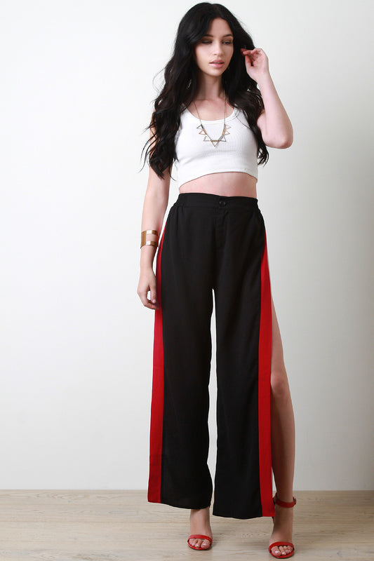 Striped Trim Side Slit Palazzo Pants