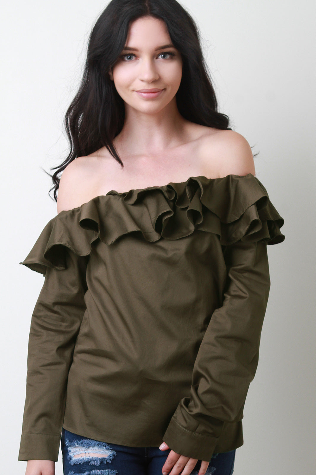 Bardot Ruffle Tier Long Sleeve Top