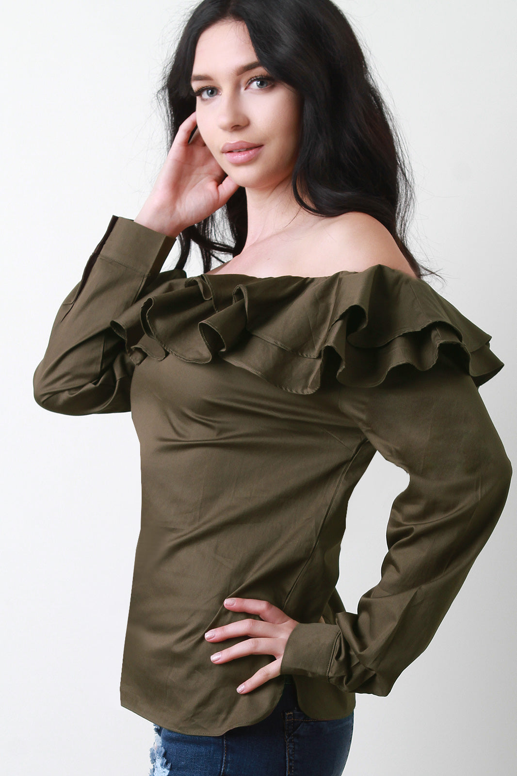 Bardot Ruffle Tier Long Sleeve Top
