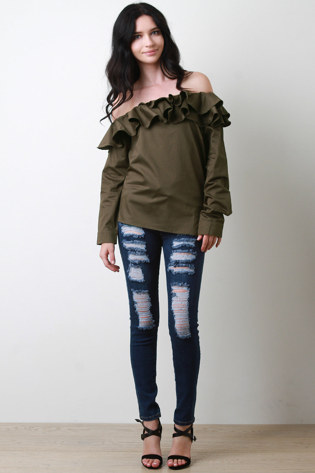 Bardot Ruffle Tier Long Sleeve Top