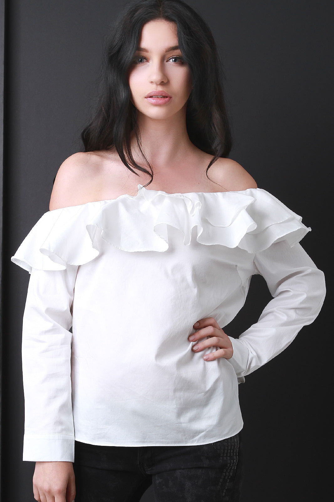 Bardot Ruffle Tier Long Sleeve Top