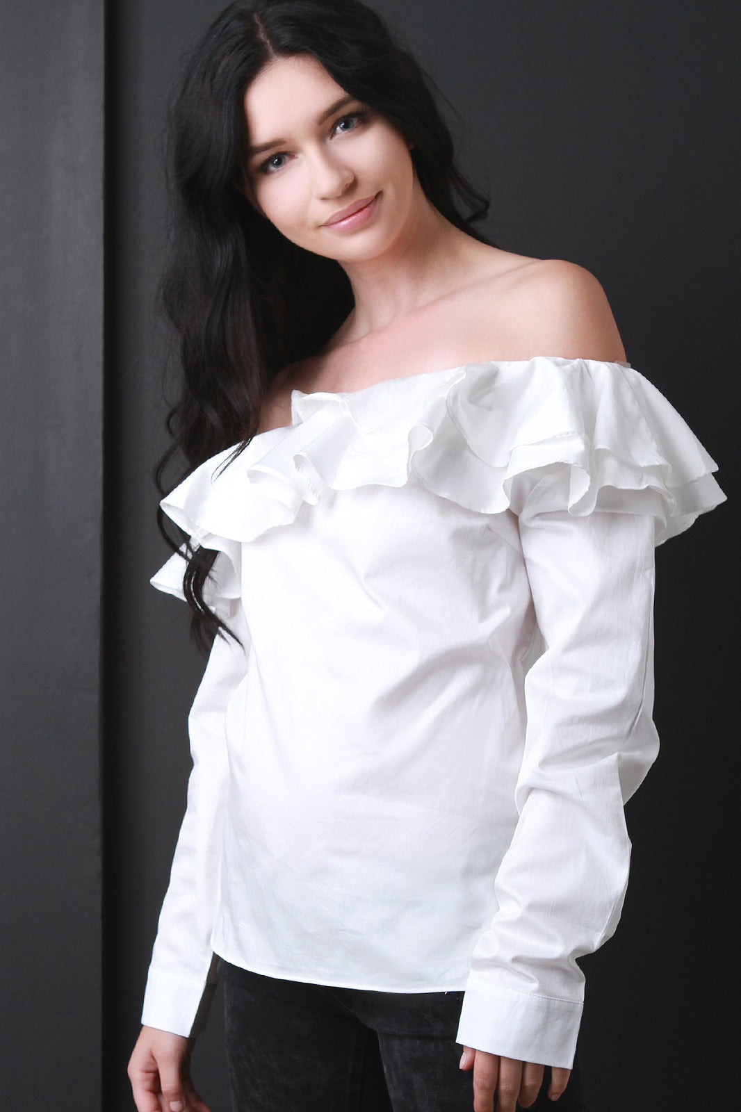 Bardot Ruffle Tier Long Sleeve Top